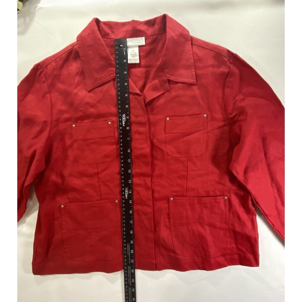 VTG Chadwicks Red Linen Jacket 12P Petite Studded Snap Front Pockets - Picture 8 of 10